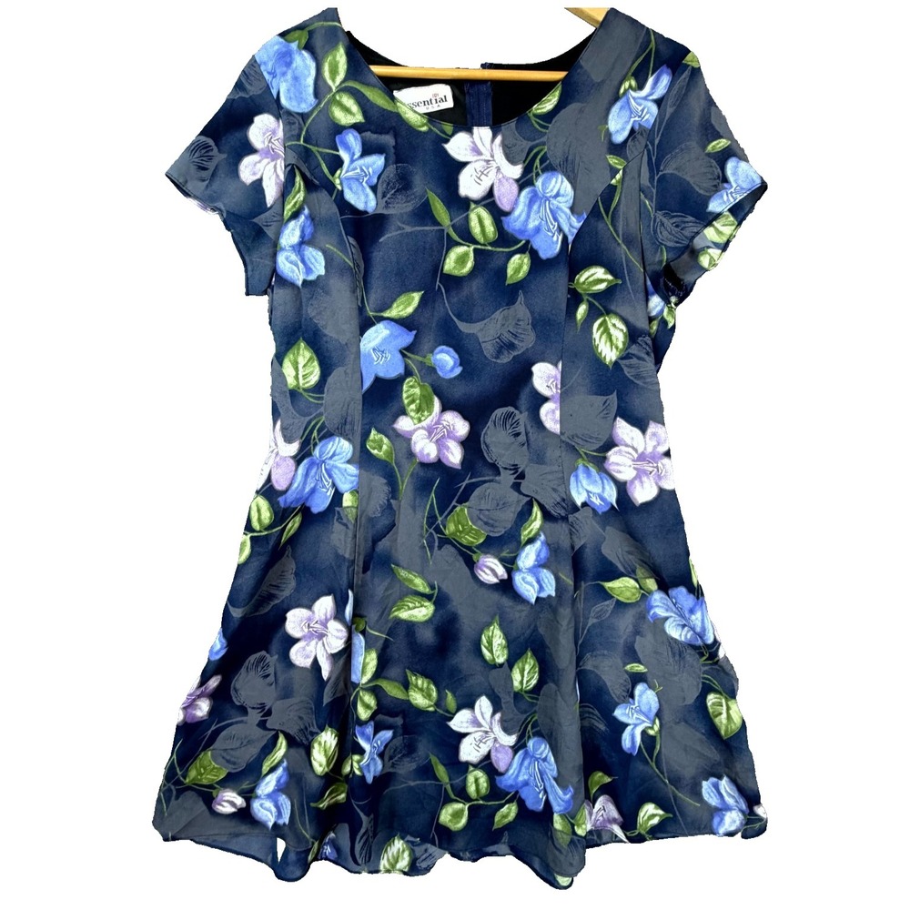 Essential Fit & Flare Mini Dress Womens M Blue Floral Dark Romantic Garden 90s